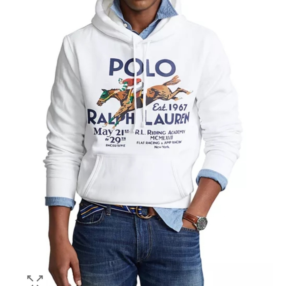 POLO RALPH LAUREN White Cotton Blend Fleece Printed Hoodie. Men's Large (Unisex)